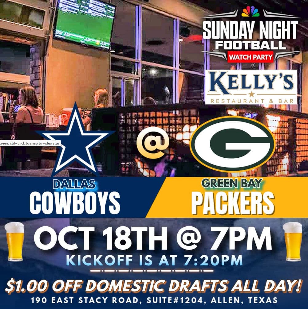 Dallas Cowboys game vs Green Bay Packers at Kelly's Restaurant & Bar in Allen, Texas.