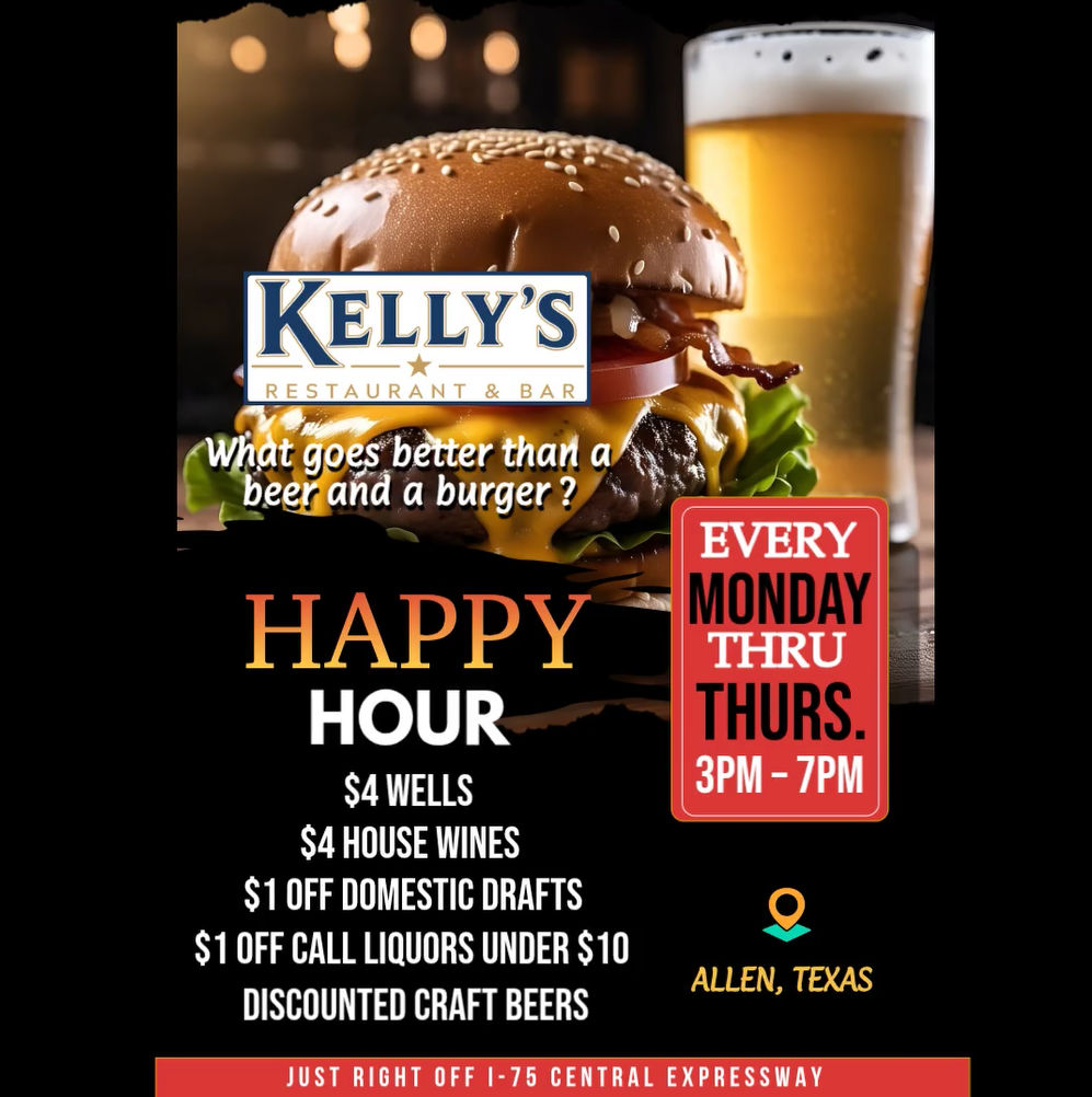 Happy Hour from 3pm to 7pm at Kelly's At The Village.