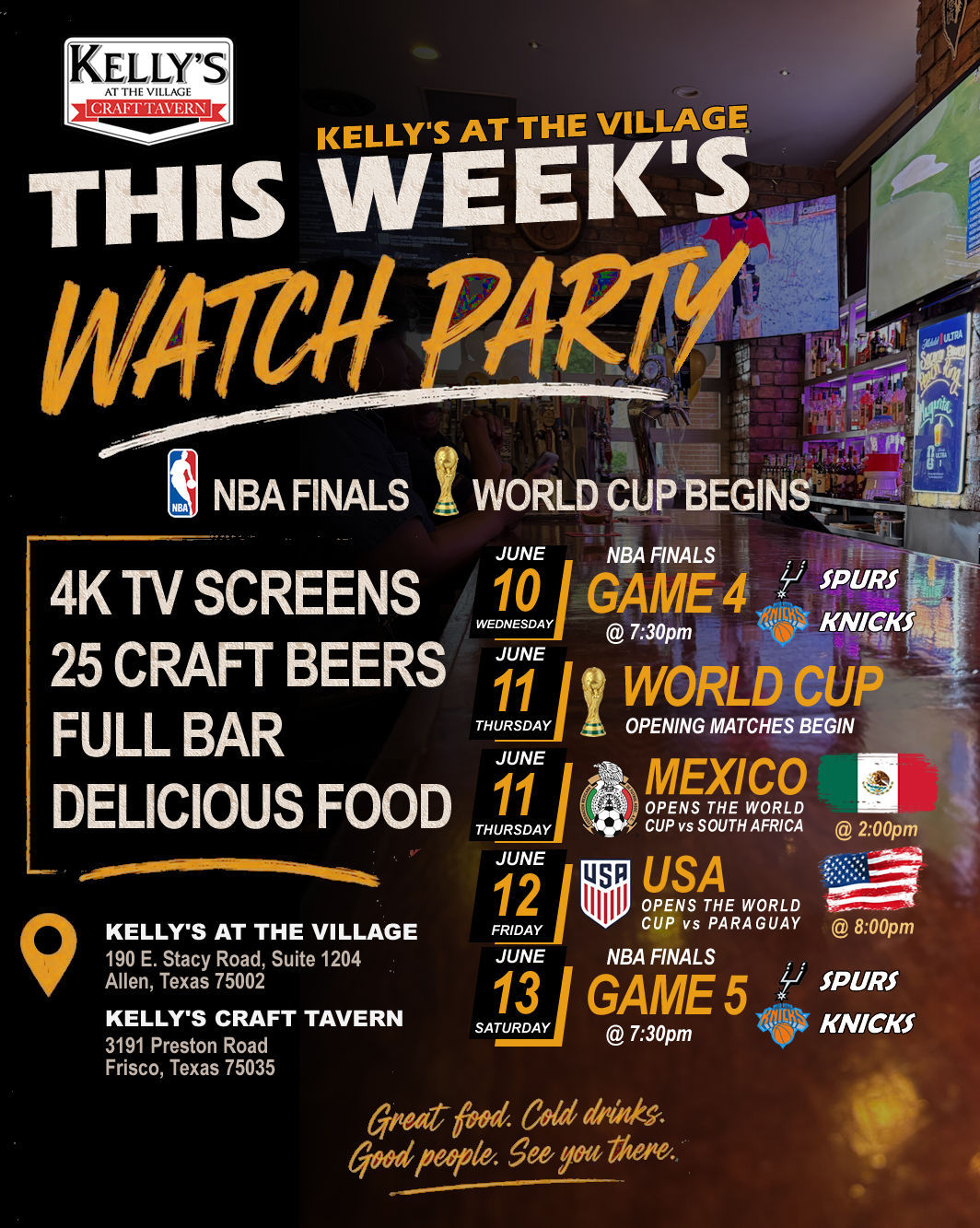 This week's World Cup & NBA watch party at Kelly's At The Village.